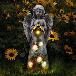 Voveexy Figurine Outdoor Statue, Solar Garden Sculpture with 7 Leds Welcome Sign Resin Praying Angel Art Decor for Patio Lawn Yard Porch Decoration,