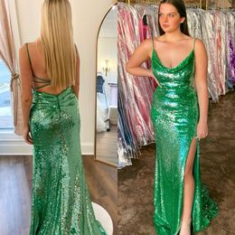 Long Fitted Sequin Prom Dress Spaghetti Straps Cowl High Slit Maxi Pageant Winter Formal Evening Cocktail Party Runway Black-Tie Gala Oscar Maid Bridesmaid Open Back