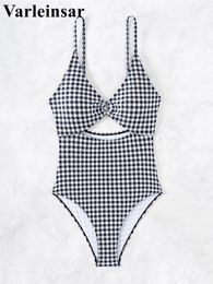 Women's Swimwear S - XL V Neck Plaid Cut Out Printed One Piece Swimsuit Women Female Leopard High Leg Bather Bathing Suit Swim V5365