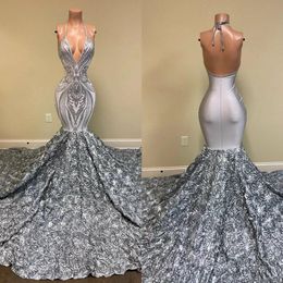 Real image Mermaid Silver Evening Formal Dresses 2020 Halter Sparkly Lace Sequins 3D Rose Floral Long Train Backless Prom Gowns 216v
