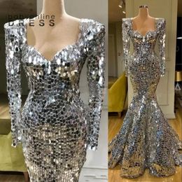 New Sparkly Sequins Silver Mermaid Prom Dresses Long Sleeves Arabic Evening Dress Dubai Long Elegant Women Formal Party Gala Gowns BC11 187v