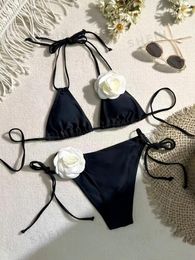 Women's Swimwear Halter String 3D Rose Two Piece Triangle Bikini Swimsuit Women Female Bather Bathing Swimming Swim Suit Beachwear