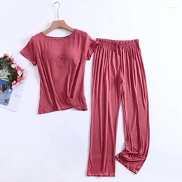 Home Clothing Fdfklak Modal Women's Pajamas Set Casual Chest Pad Short-Sleeve Cotton Night Suit Ruffled Trousers Clothes Pijama Mujer