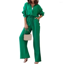 Running Sets Women Solid Color Suit Set Women's Homewear Long Sleeve Shirt Wide Leg Pants With Drawstring Waist Soft Breathable Stylish