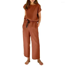 Running Sets Women Wide Leg Trousers Suit Women's Two-piece Set With Short Sleeves Drawstring Elastic Waist Side Pockets O Neck Top