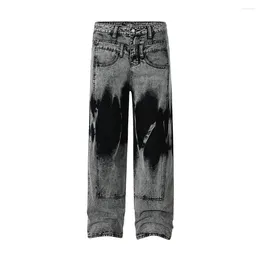 Men's Jeans Washed Faded Man Heavyweight Panelled Retro Loose Spliced Straight Full Length Casual Denim Wide Leg Pants