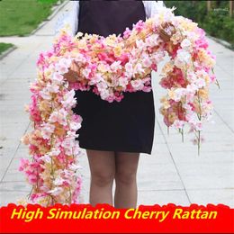 Decorative Flowers 2.3M Silk Artificial Cherry Blossom Vine Flower Wall Hanging Decoration Rattan Fake Plant Leaf Wreath