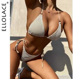 Sexy Set Ellolace Fishing Net Erotic Bikini Halter Womens Swimsuit Stylish Solid Padded Swimwear Brazilian Fantasy Monokini Beach Outfit Q240511