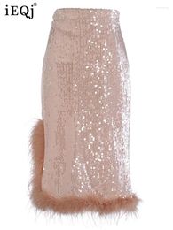 Skirts French Light Luxury Pink Sequin Feather Splice Slim Wrap Hip Skirt For Women High Waist Split Mid Length 2024 WQ7903