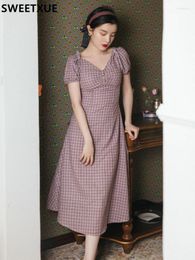 Party Dresses SWEETXUE Women's 2024 Summer Sweet Dress French Romantic Purple Plaid Female Chic Long Fashion Fairy Lolita