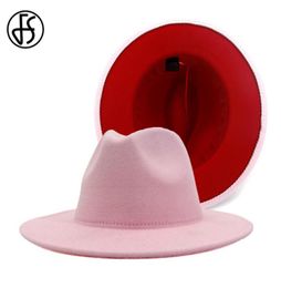 FS 60CM Hats For Women Wide Brim Fedora Jazz Hat Pink Red Patchwork Wool Felt Panama Trilby Cowboy Cap Elegant Lady Church Hats CX2299677