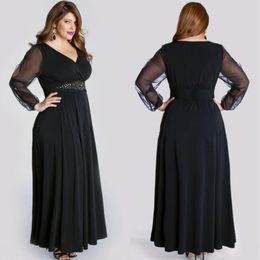 Plus Size Prom Dresses Black V Neck Long Sleeves Dress Evening Wear Floor Length Chiffon Party Gowns With Beaded Sashes SD3357 277T