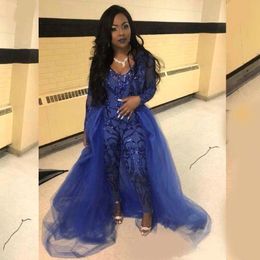 Royal Blue Jumpsuit Prom Dresses With Overskirts V Neck Long Sleeve Sequined Evening Gowns Plus Size African Pageant Pants 257r