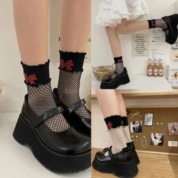 Women Socks Korean Summer Fishnet Splicing Middle Tube For Bowknot Printed Hollowed Out Mesh Calf