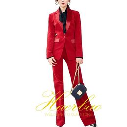 Others Apparel Red Velvet Blazer and Pants Set for Women Wedding Dress Formal Party Suit Lady Office Work Wear 2 Piece Set Y240509