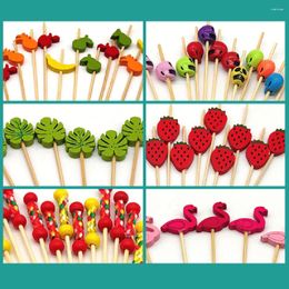 Forks 100Pcs Disposable Bamboo Skewers Fruit/Plant/Animal Shape Cocktail Sticks Handmade Wooden Toothpick Skewer Party Supplies