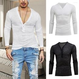 Men's T Shirts Deep V-neck Men T-shirt Long Sleeve Thin Elastic Quick Drying Summer Solid Colour Slim Fit Tee Top Streetwear