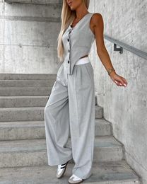 Women's Two Piece Pants Sleeveless Top And Asymmetrical Casual Vest Long Set
