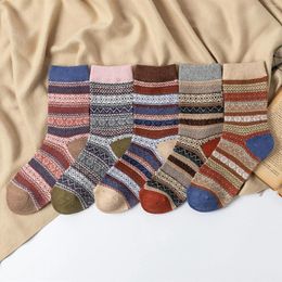 Women Socks 5 Pairs Unisex Comfort Ethnic Style Wool Retro Thicken Thermal Harajuku Fashion Geometry Stripe Mid-Tube