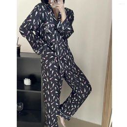 Home Clothing Summer Loungewear Lady Pyjamas Set Long Sleeve Black Shirt&pants 2Pcs Print Satin Homewear Women Loose Nightwear Outfit