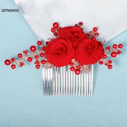 Hair Clips Red Big Flower Bridal Combs Wedding Bride Hairpin For Women Sides Weddings Jewelry Bridesmaid Gift