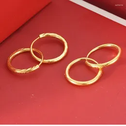 Hoop Earrings 999 24K Yellow Gold For Women Real Carved Line Circle Wedding One Pair Jewelry
