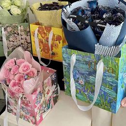 Gift Wrap 2pcs Oil Painting Kraft Paper Bag Birthday Party Wedding Valentine's Day Cake Flower Packaging Bags Square Handbag