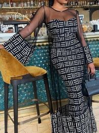 Casual Printed 2 Piece Set Women Spring Summer Mesh 2 Piece Outfit See Through Flare Sleeve Dress Strapless Bodycon Dress Suit 240513