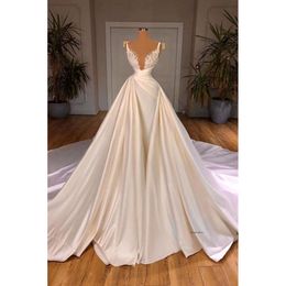 2024 Sexy A Line Wedding Dresses V Neck Spaghetti Straps Lace Appliques Crystal Beads Illusion Overskirt Satin Bridal Gowns wedding dress Detachable Train 0513