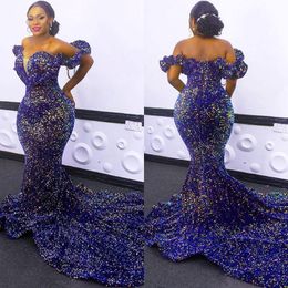 Sexy Off The Shoulder Mermaid Evening Dresses Glitter Sequined Long Court Train Plus Size African Formal Prom Gowns Trumpet Women Pagea 2699