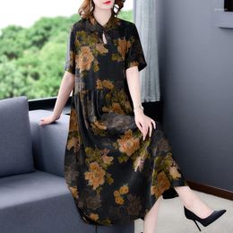 Party Dresses Female Floral Natural Silk Short Sleeve Midi Dress Summer Elegant Loose Wasit Casual 2024 Korean Vintage Night