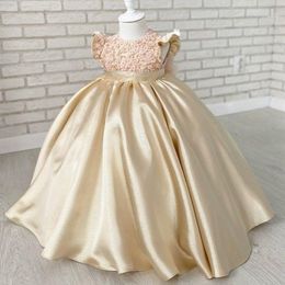 2021 Gold Beaded Flower Girl Dresses Ball Gown Bow Satin Backless Lilttle Kids Birthday Pageant Weddding Gowns 2883