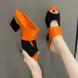 Women Sandals Square Heel Summer Shoes Woman Fashion Slides Cutout Open Toe Slip On Mothers Sandal Female Bling Slippers 240429