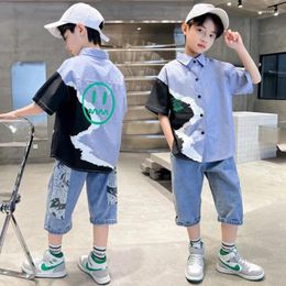 Clothing Sets Children'S Boys Set For Summer 2024 Fashion High Quality Teenager ClothesCasual V-Neck Print Two Pieces Sport Suit