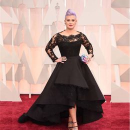 Plus Size Long Formal Dresses Oscar Kelly Osbourne Celebrity Black Lace High Low Red Carpet Sheer Evening Dresses Ruffles Party Gowns S 2956