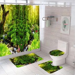 Shower Curtains 4Pcs Green Primary Forest Stream Curtain Set Bathroom Decor Nature Scenery Plant Rainforest Rug Bath Mat Toilet Lid Cover