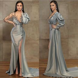 Illusion Mermaid Evening Dresses Sexy V-neck Long Sleeve High-split Sheer Prom Dress Appliqued Beaded Satin Sweep Train Party Gown Cust 283Z