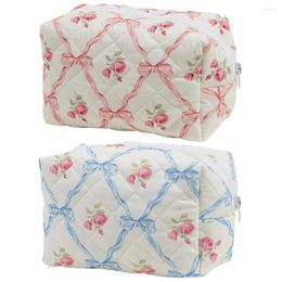 Cosmetic Bags Cute Bow Floral Travel Makeup Pouch With Zipper Toiletry Bag Cotton Quilted Organiser Storage Large For Women Girls