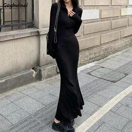 Casual Dresses Women Turn-down Collar Ankle-length Black Korean Fashion All-match Streetwear Spring Chic Ins Bodycon Y2k Mujer