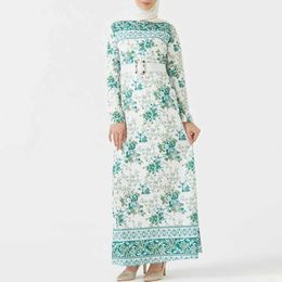 Ethnic Clothing Muslim fashion round neck long sleeved dress with belt elegant fresh green printed Abaya Dubai Pakistan clothing womensL2405