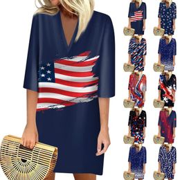 Casual Dresses Summer For Women Fashion Independence Day Printed Dress Youthful Loose V Neck 3/4 Sleeve Vestidos Cortos