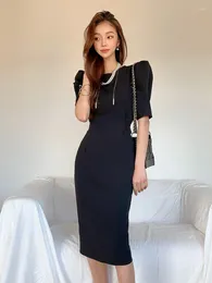 Casual Dresses Women Commute Work Style Formal Pencil Dress Mujer Elegant Office Black Simple Puff Sleeve Slim Midi Vestidos Street Clothes