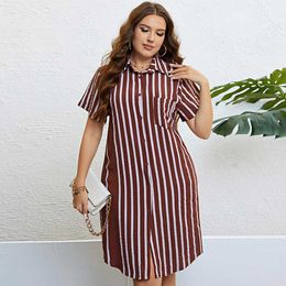Plus size Dresses Plus Size Women T-Shirt Dress Striped Turn-Down Collar Robe with Pocket Front Button Down Summer Short Slves Gown Caual Shirt Y240510