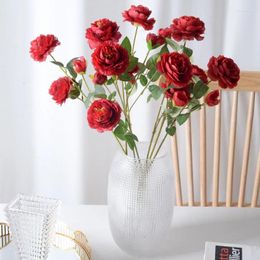 Decorative Flowers 5 Branches Red Rose Peony Artificial Wedding Hall Table Decoration Silk Valentine's Day Gift Bouquet