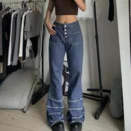 Women's Jeans WeiYao Button Up High Waist Casual Flared Women Contrast Ripped Stripe Chic Denim Trousers Korean Pockets Cargo Pants 2024