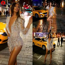 NEW Long Sleeve 2022 Cocktail Dresses Sexy Short Deep V Neck Crystal Beads Prom Dress See Through Sexy Mini Evening Gowns 254v