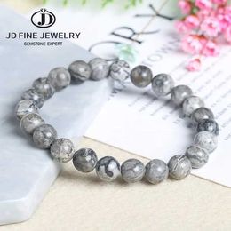 Charm Bracelets JD Natural Map Stone Round Beads Grey Picasso Stone Beads Bracelet DIY Material Jewellery For Man Women Y240510