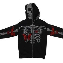 Men's Hoodies Sweatshirts Y2K Clothes Sketon Butterfly Rhinestone Zip up Hoodie Oversize Full Cardigan Gothic Sweatshirt Punk Strtwear Top Grunge H240513