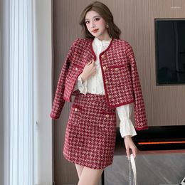 Work Dresses Fall Retro Tweed Suit High-Grade Red Small Fragrance Elegant Long Sleeve Jacket Slim Fit Plaid Skirt 2024 Womens Two Peice Sets