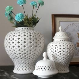 Storage Bottles Tabletop Flower Vase Delicate Arrangement Hollow Out Jar Retro Decor Ceramic Pot Holder